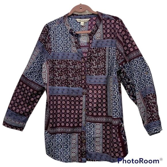 NWT Tantrums 3/4 quarter sleeve button down top Patchwork print front size L - Picture 1 of 8